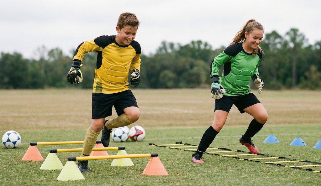 Young goalkeepers doing agility training drills in Tustin